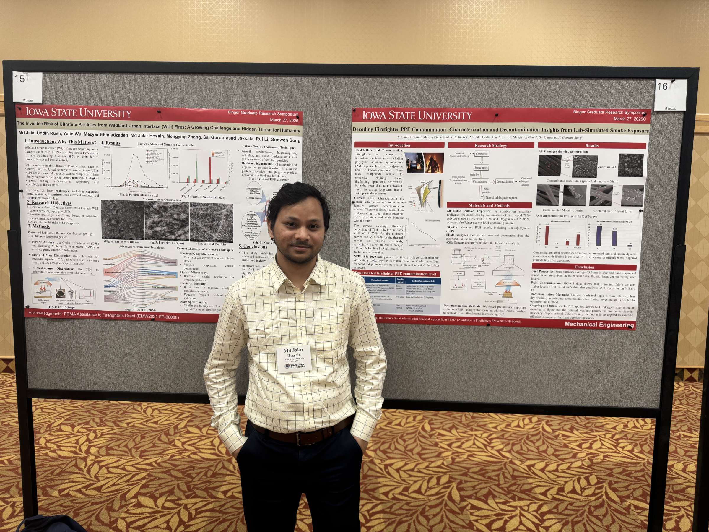 Md Jakir Hossain presenting: "Decoding Firefighter PPE Contamination: Characterization and Decontamination Insights from Lab-Simulated Smoke Exposure"
